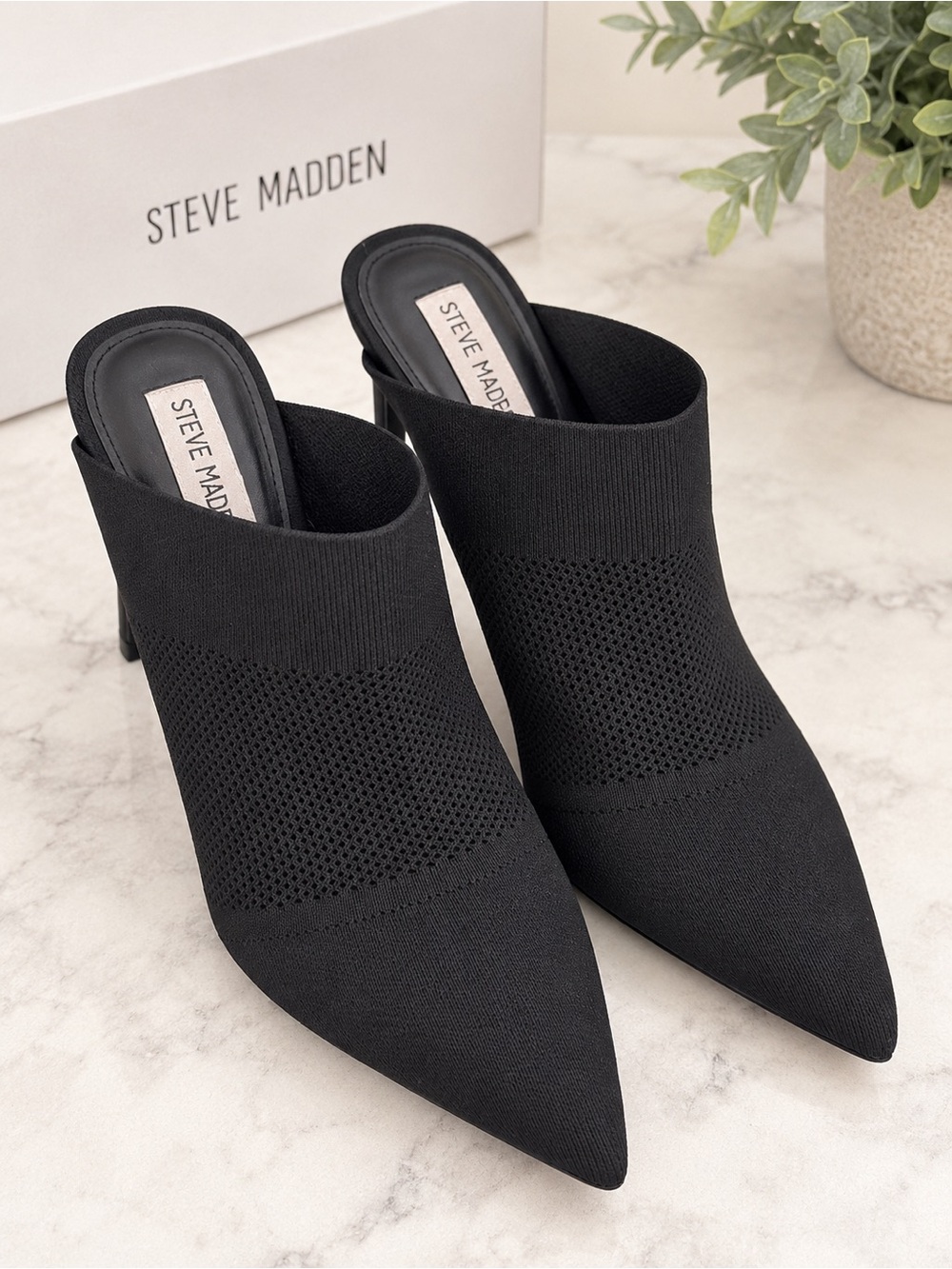 Steve Madden Black Knit Pointed Mule Heels